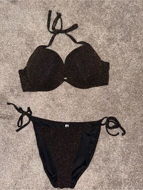 Victoria’s Secret Black Shimmer Bikini. Top is XL bottoms are L.